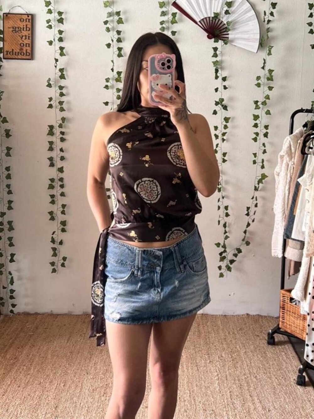 Vintage Y2K brown satin halter top with an allover Asian-inspired print size S